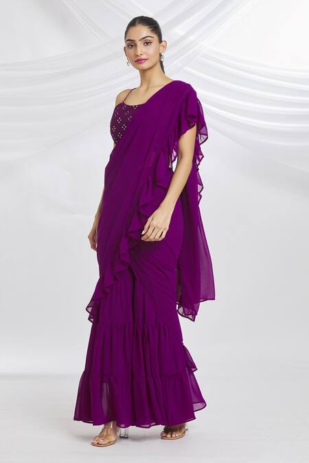 Shop_Samyukta Singhania_Purple Georgette Mirrors Square Neck Plain Ruffled Sharara Saree With Blouse_Online_at_Aza_Fashions
