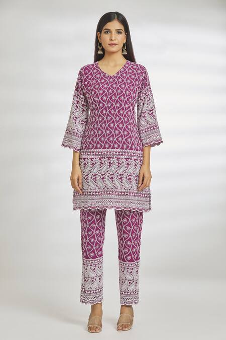 Samyukta Singhania Purple Organza, Crepe Embroidery V-neck Chikankari Kurta Pant Set Online at Aza Fashions Samyukta Singhania_Purple Organza, Crepe Embroidery V-neck Chikankari Kurta Pant Set_Online_at_Aza_Fashions