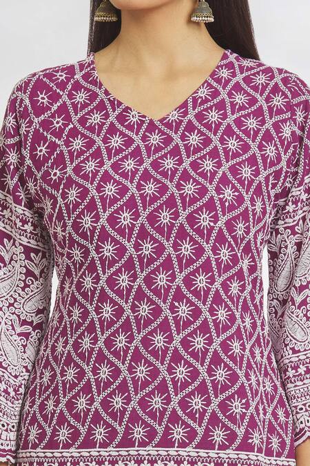 Buy Samyukta Singhania Purple Organza, Crepe Embroidery V-neck Chikankari Kurta Pant Set Online at Aza Fashions Buy_Samyukta Singhania_Purple Organza, Crepe Embroidery V-neck Chikankari Kurta Pant Set_Online_at_Aza_Fashions