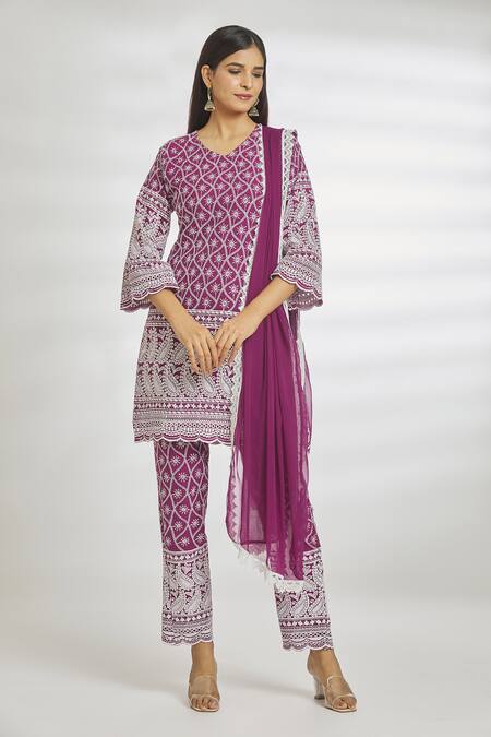 Shop Samyukta Singhania Purple Organza, Crepe Embroidery V-neck Chikankari Kurta Pant Set Online at Aza Fashions Shop_Samyukta Singhania_Purple Organza, Crepe Embroidery V-neck Chikankari Kurta Pant Set_Online_at_Aza_Fashions