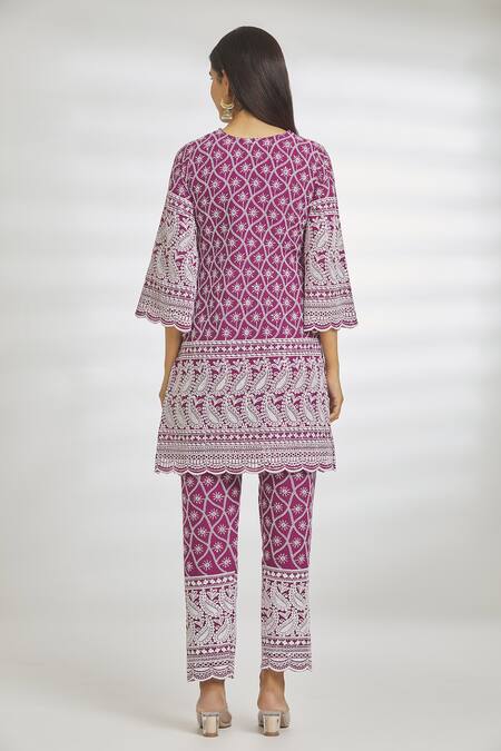 Shop Samyukta Singhania Purple Organza, Crepe Embroidery V-neck Chikankari Kurta Pant Set at Aza Fashions Shop_Samyukta Singhania_Purple Organza, Crepe Embroidery V-neck Chikankari Kurta Pant Set_at_Aza_Fashions