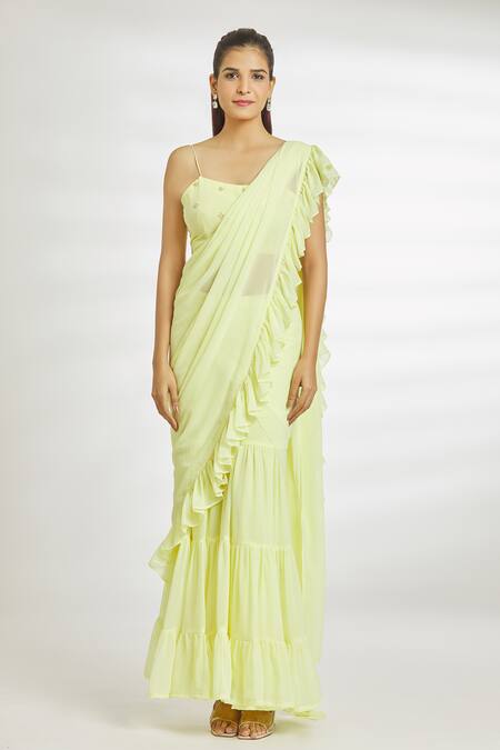 Naintara Bajaj_Yellow Georgette Beads Square Neck Ruffled Sharara Saree With Blouse_Online_at_Aza_Fashions