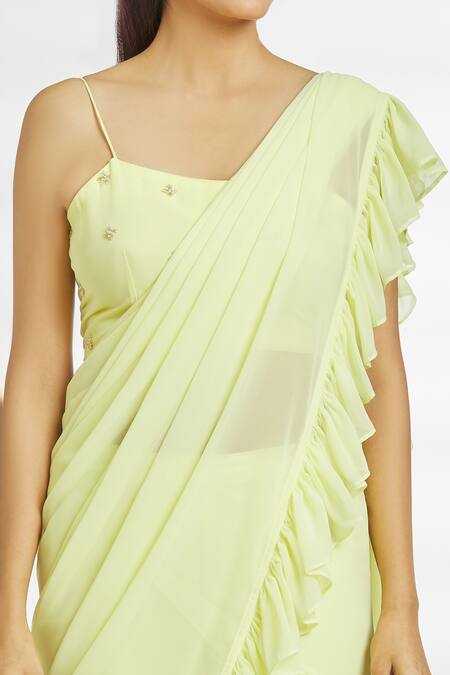 Buy_Naintara Bajaj_Yellow Georgette Beads Square Neck Ruffled Sharara Saree With Blouse_Online_at_Aza_Fashions