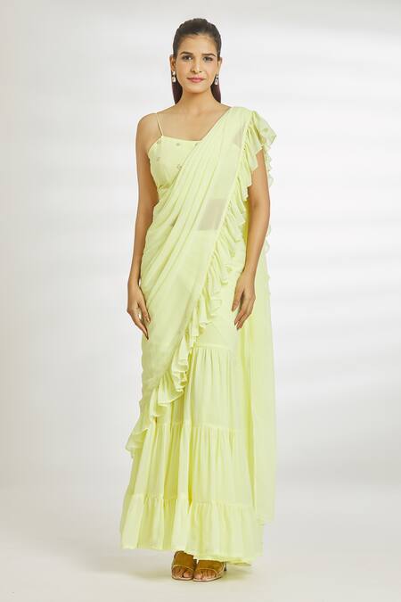 Shop_Naintara Bajaj_Yellow Georgette Beads Square Neck Ruffled Sharara Saree With Blouse_Online_at_Aza_Fashions
