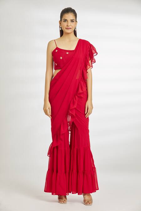 Naintara Bajaj Red Georgette Beads Square Neck Ruffled Sharara Pre-draped Saree With Blouse Online at Aza Fashions Naintara Bajaj_Red Georgette Beads Square Neck Ruffled Sharara Pre-draped Saree With Blouse_Online_at_Aza_Fashions