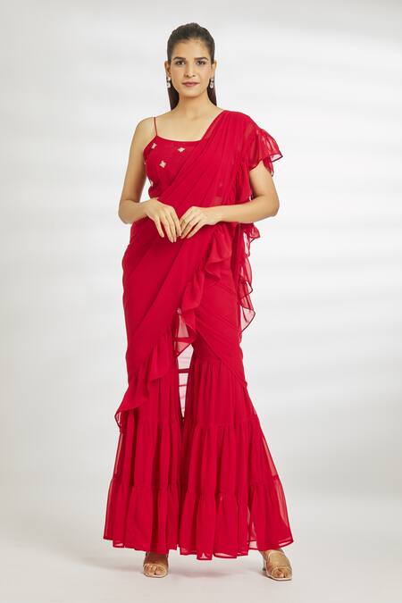 Buy Naintara Bajaj Red Georgette Beads Square Neck Ruffled Sharara Pre-draped Saree With Blouse Online at Aza Fashions Buy_Naintara Bajaj_Red Georgette Beads Square Neck Ruffled Sharara Pre-draped Saree With Blouse_Online_at_Aza_Fashions