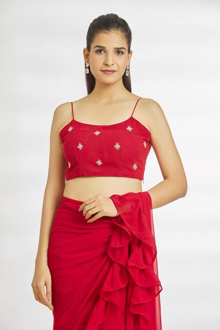Naintara Bajaj Red Georgette Beads Square Neck Ruffled Sharara Pre-draped Saree With Blouse at Aza Fashions Naintara Bajaj_Red Georgette Beads Square Neck Ruffled Sharara Pre-draped Saree With Blouse_at_Aza_Fashions