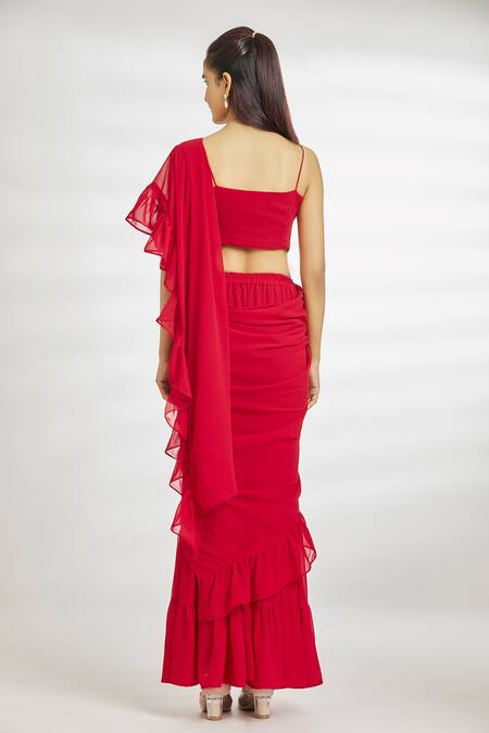 Shop Naintara Bajaj Red Georgette Beads Square Neck Ruffled Sharara Pre-draped Saree With Blouse at Aza Fashions Shop_Naintara Bajaj_Red Georgette Beads Square Neck Ruffled Sharara Pre-draped Saree With Blouse_at_Aza_Fashions