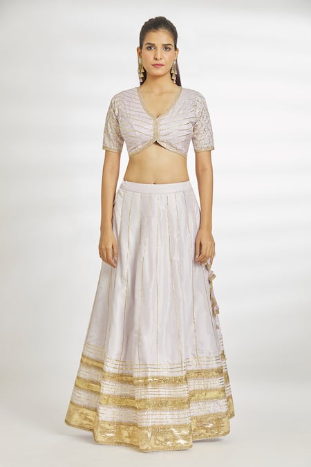 Naintara Bajaj_Purple Silk, Organza Embroidery, Gota Patti Scoop Striped Blouse Lehenga Set _Online_at_Aza_Fashions