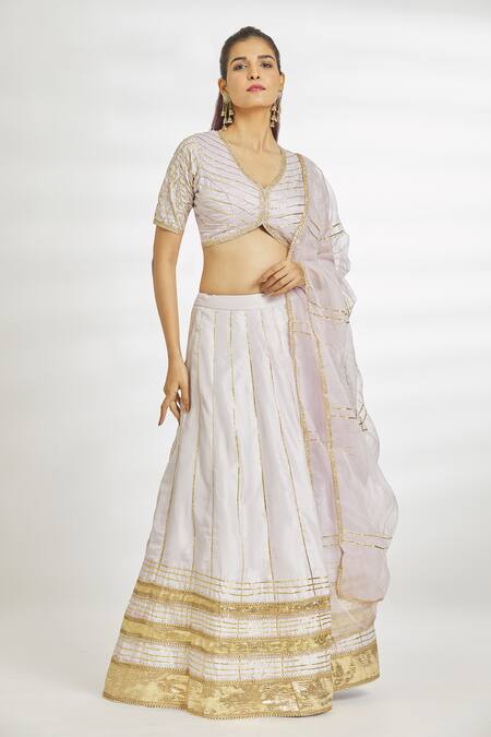Buy_Naintara Bajaj_Purple Silk, Organza Embroidery, Gota Patti Scoop Striped Blouse Lehenga Set _Online_at_Aza_Fashions