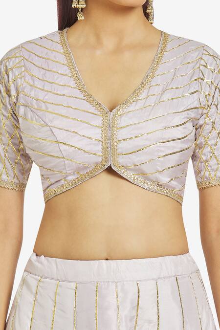 Shop_Naintara Bajaj_Purple Silk, Organza Embroidery, Gota Patti Scoop Striped Blouse Lehenga Set _Online_at_Aza_Fashions