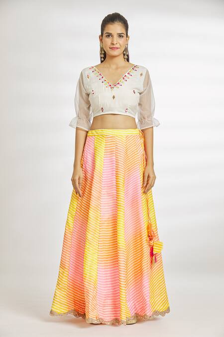 Samyukta Singhania White Muslin, Kota Doria, Organza Leheriya Pattern Multi Color Lehenga Set Online at Aza Fashions Samyukta Singhania_White Muslin, Kota Doria, Organza Leheriya Pattern Multi Color Lehenga Set_Online_at_Aza_Fashions