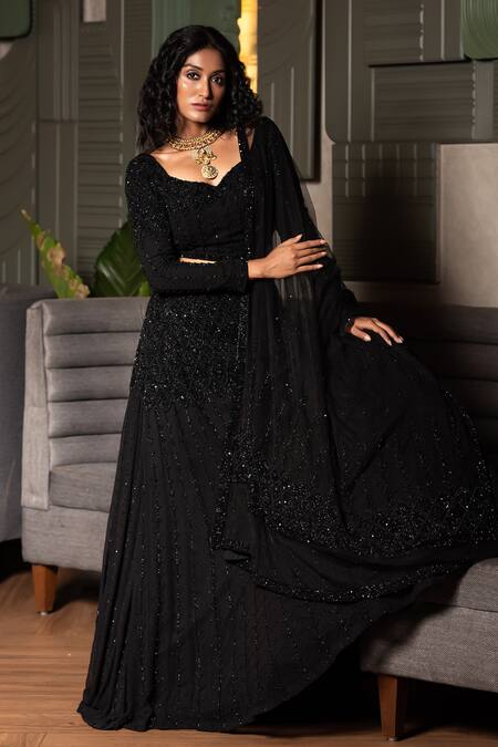 Buy_Midushi Bajoria_Black Georgette, Tulle, Silk Cut Work, Geometric Cutdana Embroidered Lehenga Set _Online_at_Aza_Fashions