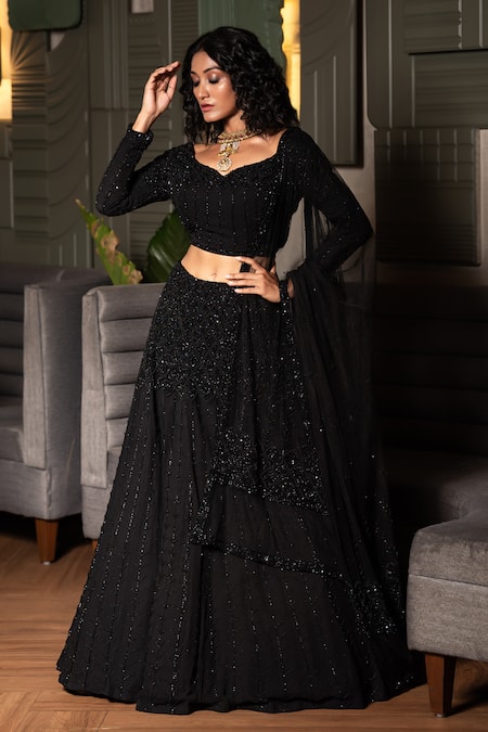 Buy Online In India | Black Organza Lehenga With Velvet Blouse | Label  Shaurya Sanadhya