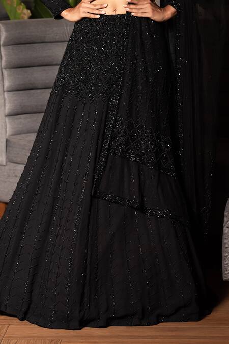 Midushi Bajoria_Black Georgette, Tulle, Silk Cut Work, Geometric Cutdana Embroidered Lehenga Set _at_Aza_Fashions