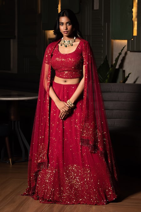 Midushi Bajoria Maroon Lehenga And Blouse Georgette Embroidered Cutdana Sequin Embellished Set 