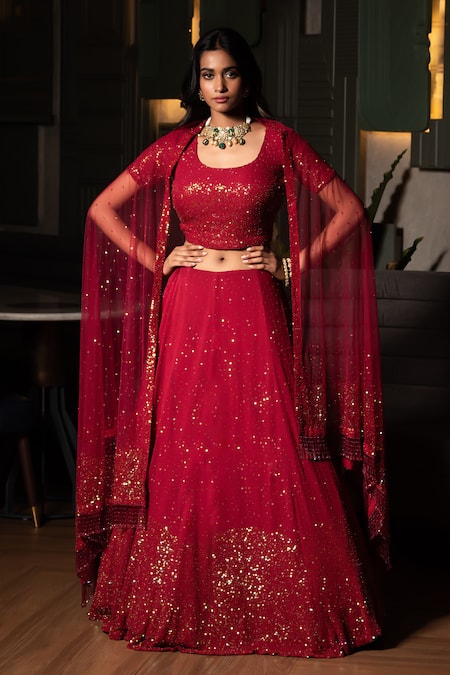 Shop Midushi Bajoria Maroon Georgette, Silk, Tulle Sequins V-neck Embellished Lehenga Set at Aza Fashions Shop_Midushi Bajoria_Maroon Georgette, Silk, Tulle Sequins V-neck Embellished Lehenga Set _at_Aza_Fashions