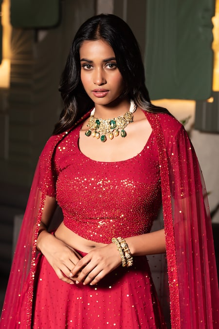 Midushi Bajoria Maroon Georgette, Silk, Tulle Sequins V-neck Embellished Lehenga Set Online at Aza Fashions Midushi Bajoria_Maroon Georgette, Silk, Tulle Sequins V-neck Embellished Lehenga Set _Online_at_Aza_Fashions