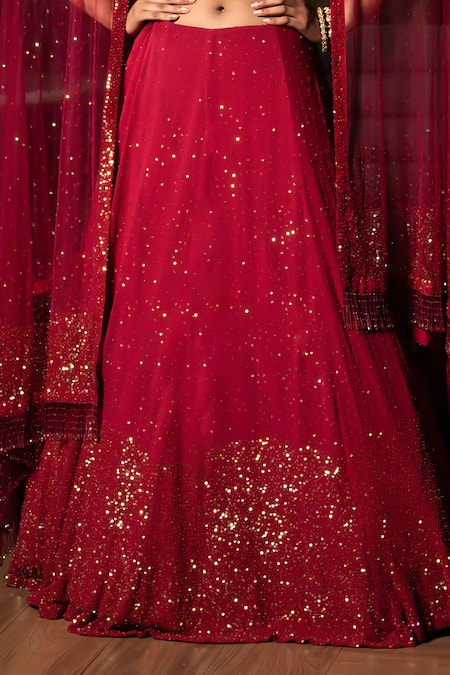 Buy Midushi Bajoria Maroon Georgette, Silk, Tulle Sequins V-neck Embellished Lehenga Set Online at Aza Fashions Buy_Midushi Bajoria_Maroon Georgette, Silk, Tulle Sequins V-neck Embellished Lehenga Set _Online_at_Aza_Fashions