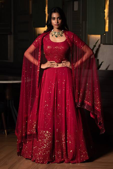 Midushi Bajoria Maroon Georgette, Silk, Tulle Sequins V-neck Embellished Lehenga Set at Aza Fashions Midushi Bajoria_Maroon Georgette, Silk, Tulle Sequins V-neck Embellished Lehenga Set _at_Aza_Fashions