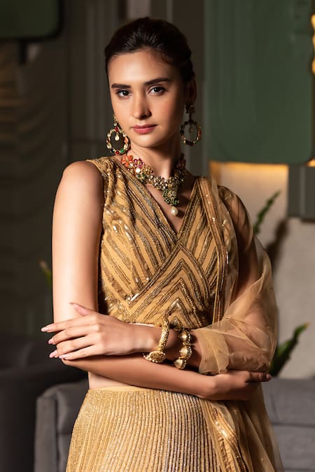 Midushi Bajoria_Gold Georgette, Tulle Cut Work, Sequins Geometric Embroidered Lehenga Set _Online_at_Aza_Fashions