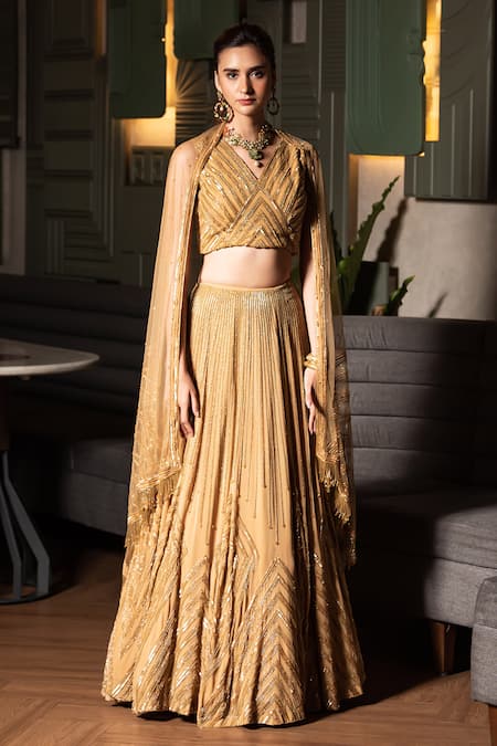Buy_Midushi Bajoria_Gold Georgette, Tulle Cut Work, Sequins Geometric Embroidered Lehenga Set _Online_at_Aza_Fashions