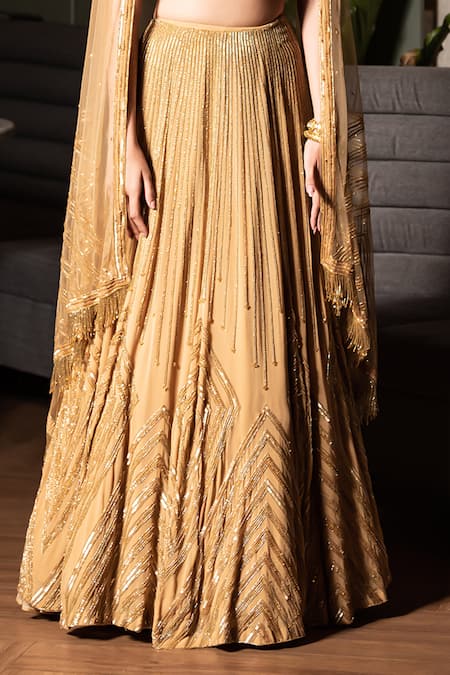 Shop_Midushi Bajoria_Gold Georgette, Tulle Cut Work, Sequins Geometric Embroidered Lehenga Set _Online_at_Aza_Fashions