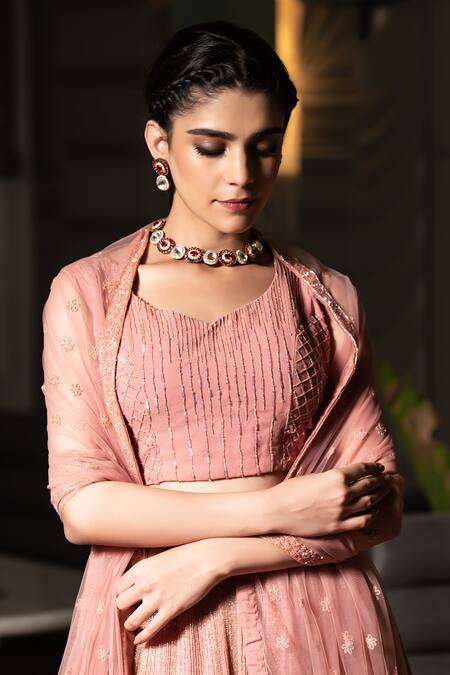 Midushi Bajoria_Pink Georgette, Tulle Sequins, Cut Work V-neck Cutdana Embellished Lehenga Set _Online_at_Aza_Fashions