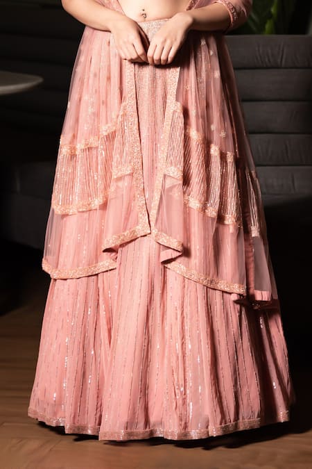 Shop_Midushi Bajoria_Pink Georgette, Tulle Sequins, Cut Work V-neck Cutdana Embellished Lehenga Set _Online_at_Aza_Fashions