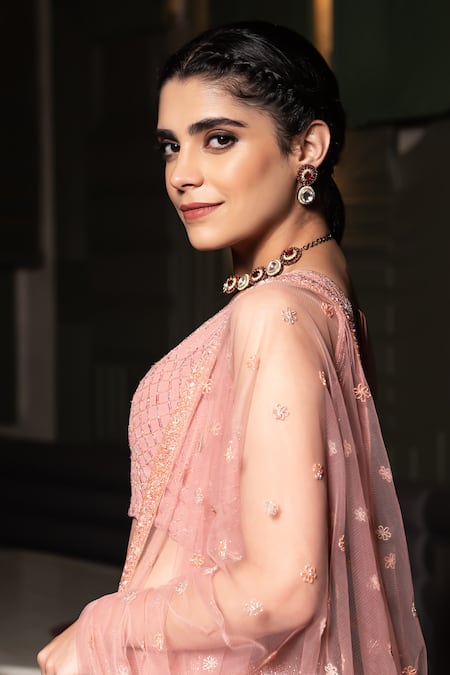 Midushi Bajoria_Pink Georgette, Tulle Sequins, Cut Work V-neck Cutdana Embellished Lehenga Set _at_Aza_Fashions