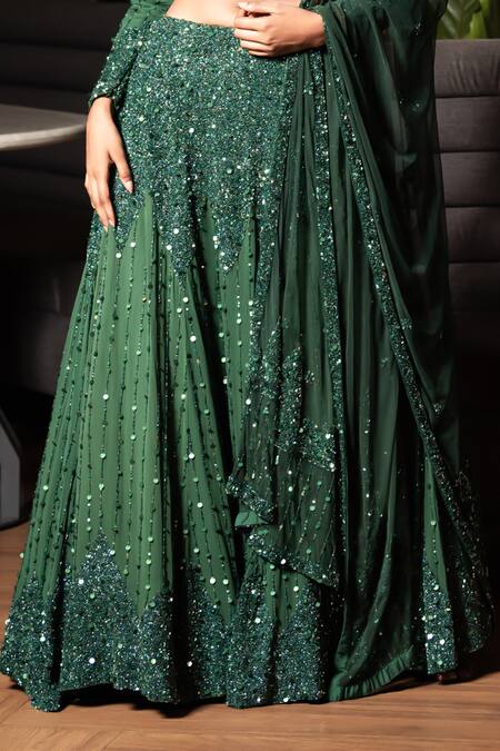 Shop Midushi Bajoria Green Georgette, Tulle Sequins, Cut Work V-neck Cutdana Embellished Lehenga Set Online at Aza Fashions Shop_Midushi Bajoria_Green Georgette, Tulle Sequins, Cut Work V-neck Cutdana Embellished Lehenga Set _Online_at_Aza_Fashions