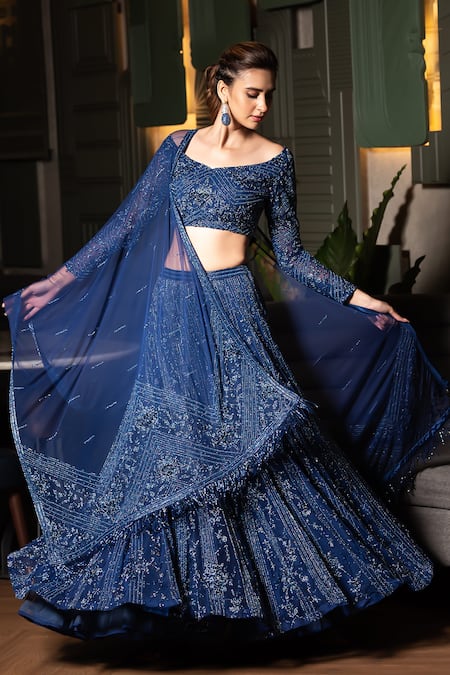Midushi Bajoria_Blue Tulle, Silk Cut Work, Sequins Floral Cutdana Embellished Bridal Lehenga Set _Online_at_Aza_Fashions