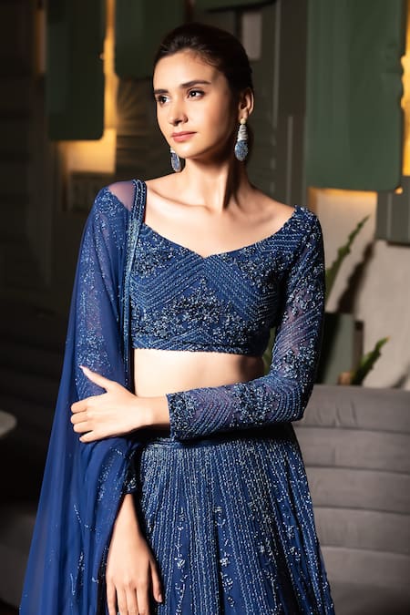 Buy_Midushi Bajoria_Blue Tulle, Silk Cut Work, Sequins Floral Cutdana Embellished Bridal Lehenga Set _Online_at_Aza_Fashions
