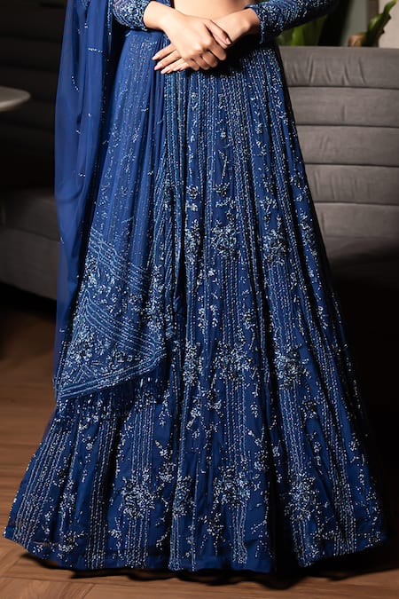 Shop_Midushi Bajoria_Blue Tulle, Silk Cut Work, Sequins Floral Cutdana Embellished Bridal Lehenga Set _Online_at_Aza_Fashions