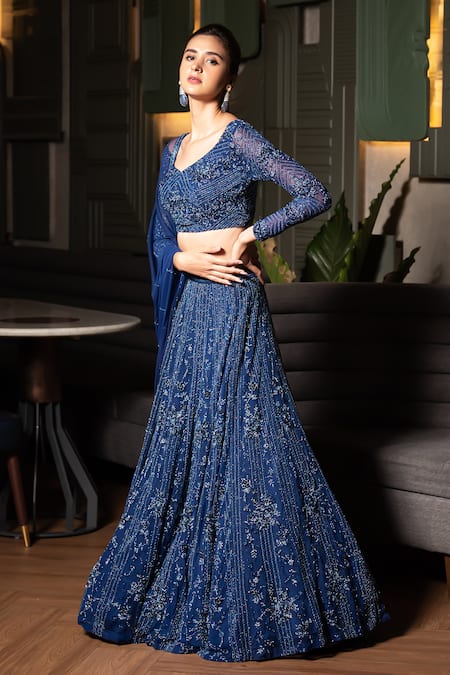 Midushi Bajoria_Blue Tulle, Silk Cut Work, Sequins Floral Cutdana Embellished Bridal Lehenga Set _at_Aza_Fashions