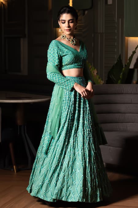 Midushi Bajoria Green Georgette, Tulle Sequins, Cut Work V-neck Jaal Embellished Lehenga Set Online at Aza Fashions Midushi Bajoria_Green Georgette, Tulle Sequins, Cut Work V-neck Jaal Embellished Lehenga Set _Online_at_Aza_Fashions