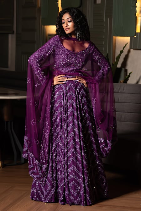 Shop Midushi Bajoria Purple Georgette, Tulle Sequins, Cut Work Chevron Embellished Lehenga Set at Aza Fashions Shop_Midushi Bajoria_Purple Georgette, Tulle Sequins, Cut Work Chevron Embellished Lehenga Set _at_Aza_Fashions