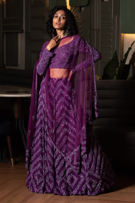 Midushi Bajoria Purple Georgette, Tulle Sequins, Cut Work Chevron Embellished Lehenga Set Online at Aza Fashions Midushi Bajoria_Purple Georgette, Tulle Sequins, Cut Work Chevron Embellished Lehenga Set _Online_at_Aza_Fashions