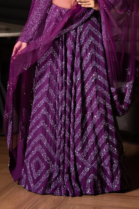 Buy Midushi Bajoria Purple Georgette, Tulle Sequins, Cut Work Chevron Embellished Lehenga Set Online at Aza Fashions Buy_Midushi Bajoria_Purple Georgette, Tulle Sequins, Cut Work Chevron Embellished Lehenga Set _Online_at_Aza_Fashions