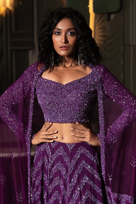 Shop Midushi Bajoria Purple Georgette, Tulle Sequins, Cut Work Chevron Embellished Lehenga Set Online at Aza Fashions Shop_Midushi Bajoria_Purple Georgette, Tulle Sequins, Cut Work Chevron Embellished Lehenga Set _Online_at_Aza_Fashions