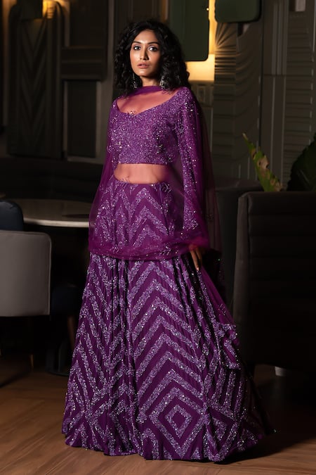 Midushi Bajoria Purple Georgette, Tulle Sequins, Cut Work Chevron Embellished Lehenga Set at Aza Fashions Midushi Bajoria_Purple Georgette, Tulle Sequins, Cut Work Chevron Embellished Lehenga Set _at_Aza_Fashions