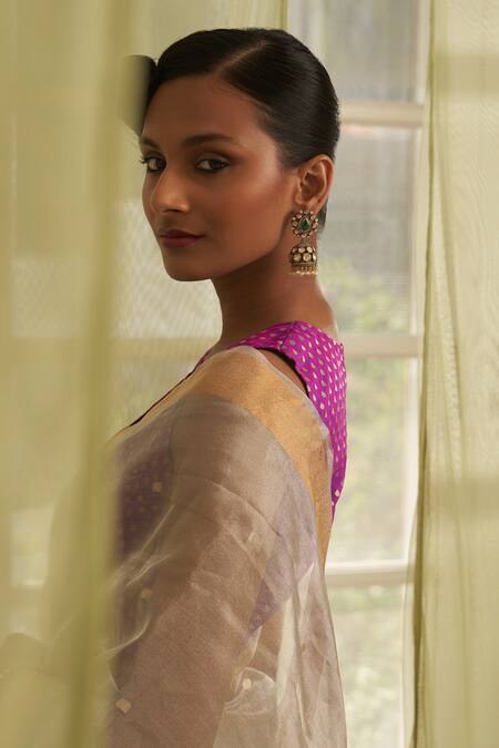 Buy_Five Point Five_Silver Tissue Embroidery Polka Dot Woven Saree With Running Blouse _Online_at_Aza_Fashions