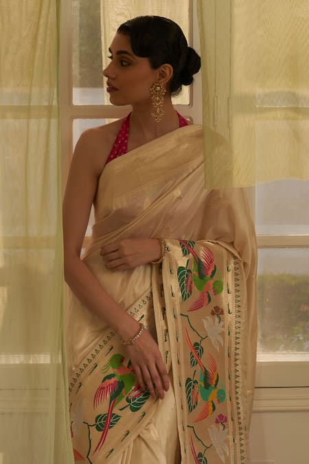 Shop_Five Point Five_Ivory Kota Doria Embroidery Birds And Paithani Woven Saree_Online_at_Aza_Fashions