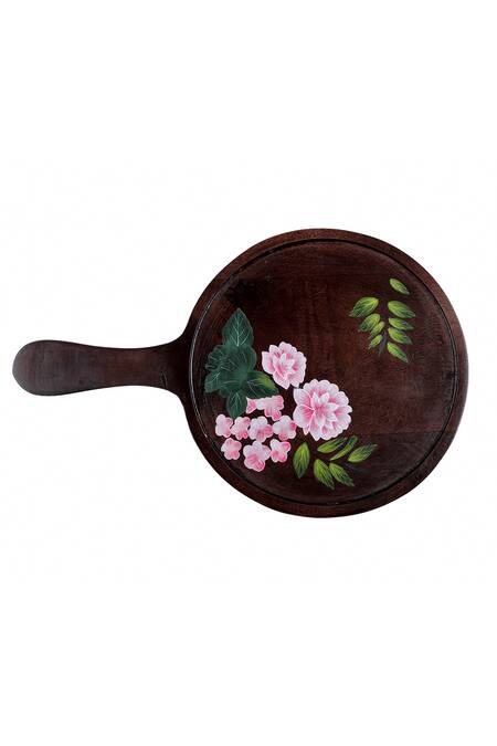 Artychoke_Brown Wood Hand Painted Round Platter_Online_at_Aza_Fashions