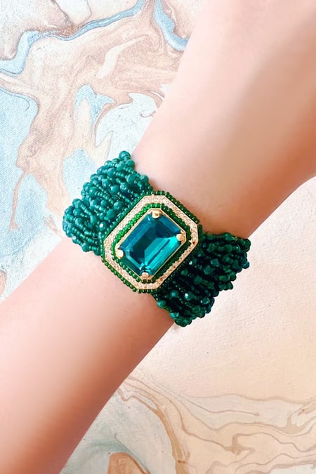 PRERTO Green Beads, Stones Kundan Multi Layered Bracelet 