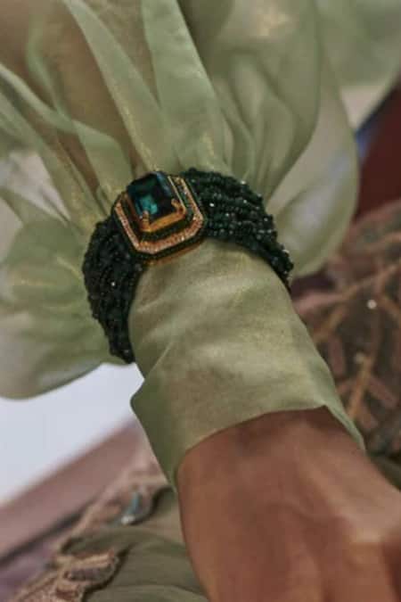 Shop PRERTO Green Beads, Stones Kundan Multi Layered Bracelet at Aza Fashions Shop_PRERTO_Green Beads, Stones Kundan Multi Layered Bracelet _at_Aza_Fashions