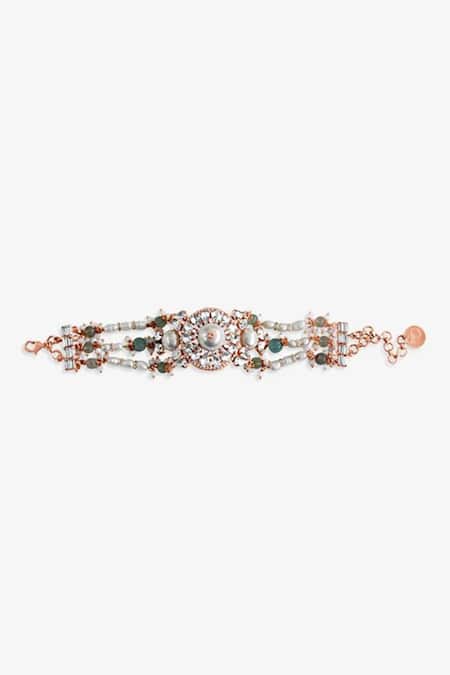 Shop PRERTO Pink Pearls, Smocking, Crystals Triple Layered Bracelet at Aza Fashions Shop_PRERTO_Pink Pearls, Smocking, Crystals Triple Layered Bracelet _at_Aza_Fashions