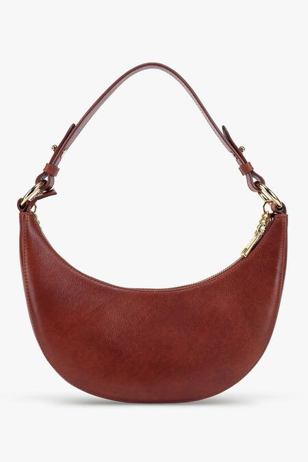 Tan & Loom Brown Chain Detail Lune Crescent Leather Baguette Online at Aza Fashions Tan & Loom_Brown Chain Detail Lune Crescent Leather Baguette_Online_at_Aza_Fashions