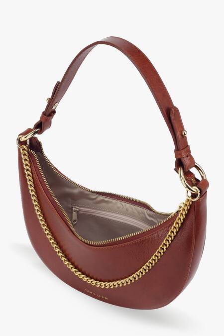 Shop Tan & Loom Brown Chain Detail Lune Crescent Leather Baguette Online at Aza Fashions Shop_Tan & Loom_Brown Chain Detail Lune Crescent Leather Baguette_Online_at_Aza_Fashions