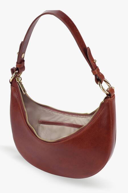 Tan & Loom Brown Chain Detail Lune Crescent Leather Baguette at Aza Fashions Tan & Loom_Brown Chain Detail Lune Crescent Leather Baguette_at_Aza_Fashions